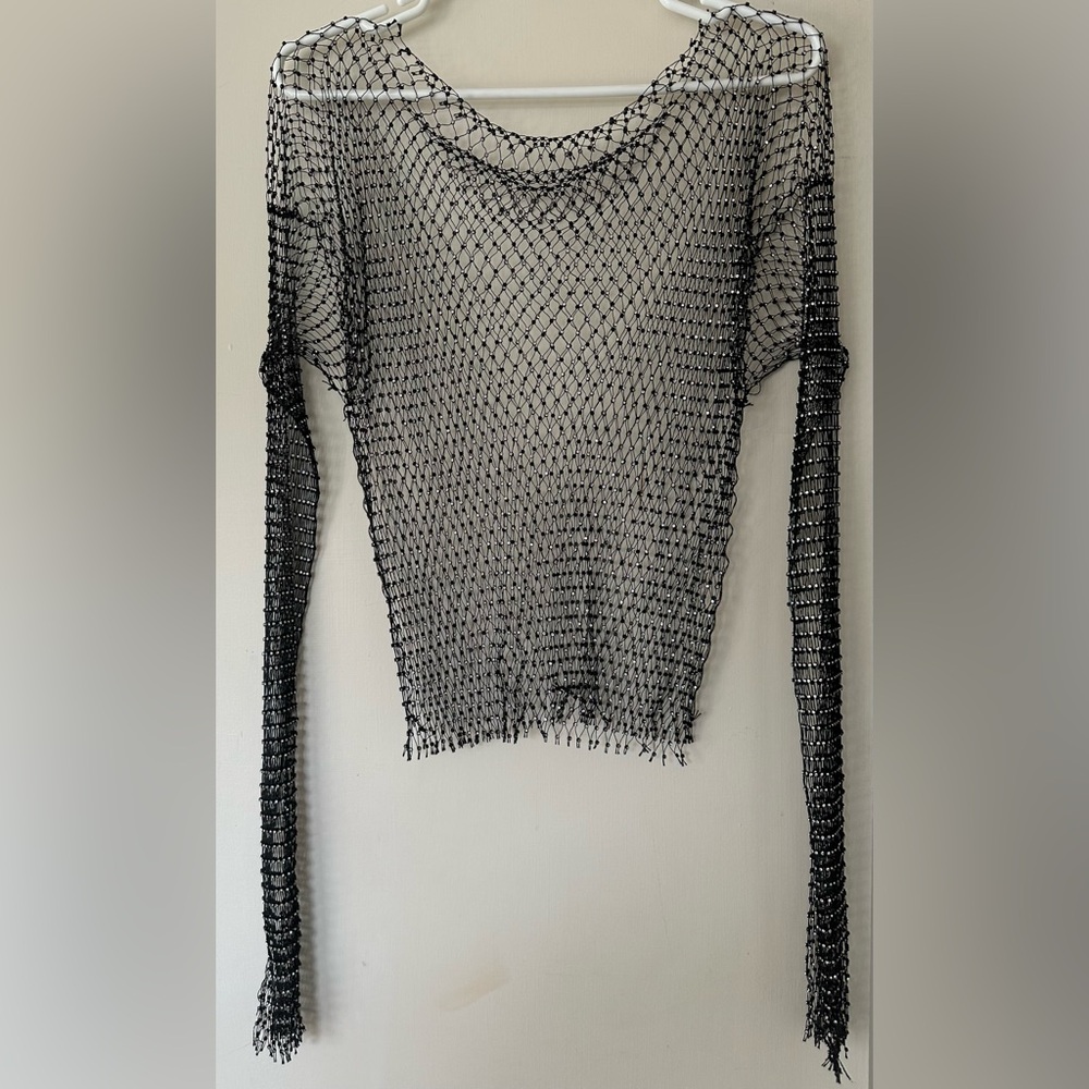Sequinned Mesh Top Long Sleeves | Black | Crystals